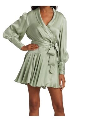 Zimmermann Sage Green Satin Wrap Mini Dress